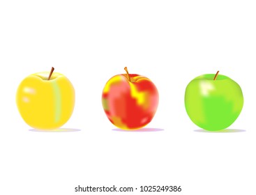 yellow, red and green apples on a white background, three apples

