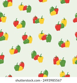 Yellow, Red, and Green Bell Peppers Scattered on a Pale Green Background creating a seamless pattern print background