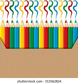 Yellow, red, green and blue pencils with colorful lines in a box
