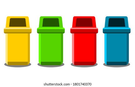 Yellow red green and blue trash for each type of waste on white background flat vector.