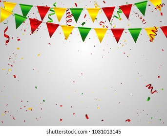 Yellow red and green confetty ribbons carnival, Celebration background template with. Vector illustration