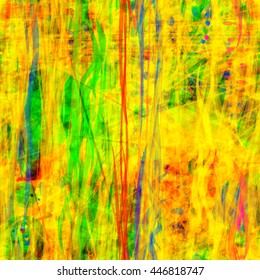 Yellow, red, green. Fibers. Spots, wavy stripes, thin curved lines, sharp-angled elements such as spines or thorns, streaks, scratches. Mixed random. Transparency. Abstract seamless vector background