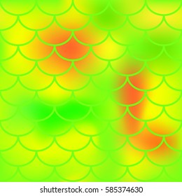 Yellow red green fish skin vector pattern for background. Bright fish scale seamless pattern. Gradient mesh background with fishscale ornament. Juicy citrus summer color mix. Golden fish tail ornament