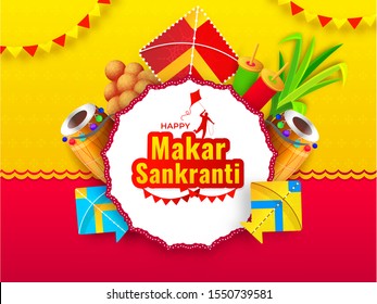 Yellow and red greeting card design with colorful kite, string spool, dholak instrument, sugarcane and Indian sweet (Laddu) for Happy Makar Sankranti celebration.