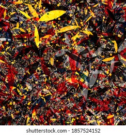 Las diferentes formas amarillas, rojas, grises y negras se mezclan al azar. Textura sin inconvenientes. Resumen de fondo vectorial para página web, fondo de banners, tela, decoración doméstica, envoltura