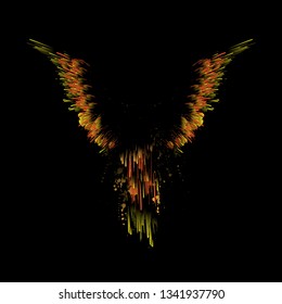 Yellow and red grunge bird wings silhouettes with ink splash isolated on black background