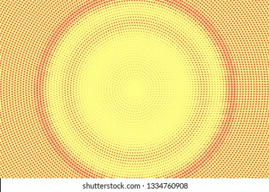 Yellow red halftone vector background. Round halftone texture. Centered dotwork gradient. Vibrant dotted vector background. Retro halftone overlay. Vintage cartoon effect. Perforated texture