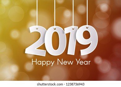 Yellow and red Happy New Year 2019 greeting card concept with paper cuted white numbers on ropes on blurred background. Vector illustration