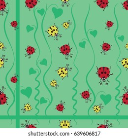 Yellow and red ladybugs among the bindweed. Seamless pattern.Stylized images of the characters in children's cartoons. Design for textiles, tapestries, packaging, napkins.