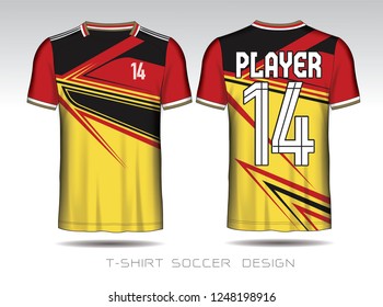 Yellow and Red layout football sport t-shirt design. Template front, back view. Soccer kit national team shirt mock up. Vector Illustration.