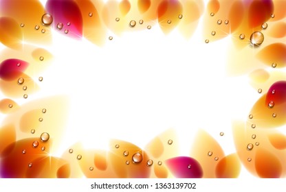 Yellow and red leaves and water rain drops autumn frame, realistic bright vector illustration with copy space for text.