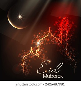 Yellow and Red Light Forming Mosque with Crescent Moon at Dark background for Islamic Festival of Eid Mubarak Celebration.