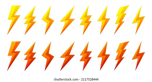 Iconos de rayo amarillo y rojo aislados sobre fondo blanco. Símbolo de flash, perno. Simple señal de paro de relámpago. Ilustración vectorial.