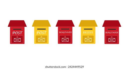 Yellow and red mailboxes with a compartment for newspapers and letters. Mailboxes with an envelope sign and the inscriptions “Mail” and “Letters” in German, Danish and Norwegian. Vector illustration