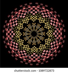 Yellow and red mandala with metallic effect and 3d optical illusion, circle symmetric patterns on black background,