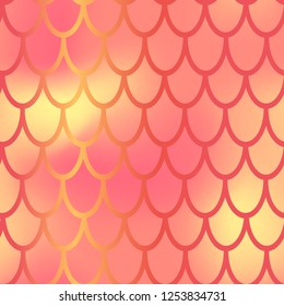 Yellow red mermaid vector background. Fish scale pattern. Mermaid seamless pattern tile. Holographic gradient. Coral red color texture. Mermaid skin seamless pattern. Iridescent wrapping paper
