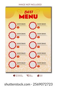 yellow and red modern food restaurant menu layout editable template with batik line background, Food menu social media promotion potrait banner post template, fast food sale layaout editable 