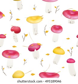 Yellow and red mushroom textile. Fungus textile pattern