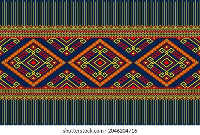 Yellow Red Native or Tribal Seamless Pattern on Blue Background in Symmetry Rhombus Geometric Bohemian Style for Clothing or Apparel,Embroidery,Fabric,Package Design
