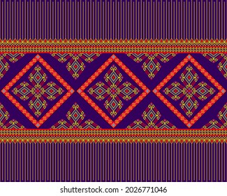 Yellow Red Native or Tribe Seamless Pattern on Purple Background in Symmetry Rhombus Geometric Bohemian Style for Clothing or Apparel,Embroidery,Fabric,Package Design
