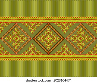 Yellow Red Native or Tribe Seamless Pattern on Green Background in Symmetry Rhombus Geometric Bohemian Style for Clothing or Apparel,Embroidery,Fabric,Package Design