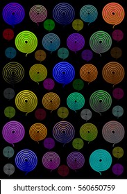 Yellow, red, orange, blue, green spiral on Black Background 