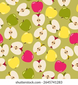 Maçãs amarelas, vermelhas e rosa e metades de maçã sobre fundo verde jogado ao redor. Design de padrão contínuo