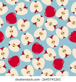 Yellow, Red and Pink Apples on Blue Background Tossed Around. Seamless Pattern Design