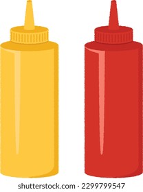 Yellow and red plastic bottles used to hold ketchup and mustard