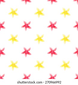 Yellow and red plumeria. Seamless pattern with flowers.  Vector illustration. Real watercolor painting