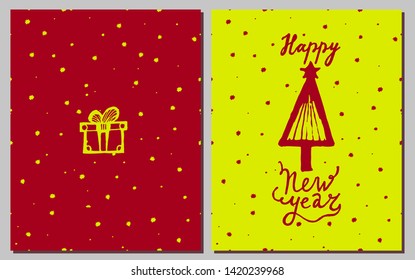 Yellow and red postcard for christmas. Happy New Year.Christmas tree and gift. Hand drawn vector illustration. Greeting card, poster or on-print.