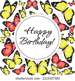 Yellow red realistic flying monarch butterfly circle on a white background. Happy Birthday banner round template. Vector illustration. Decorative print design. Colorful fairy wings.