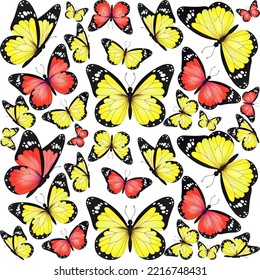 Yellow and red realistic flying monarch butterfly pattern on a white background. Vector illustration backdrop. Decorative texture print design. Colorful fairy wings template.