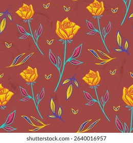 Yellow And Red Rose Seamless Pattern Background And Wallpaper Fabric Textile