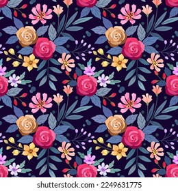 Yellow and red rose with small flower and leaf seamless pattern on blue coloe background.