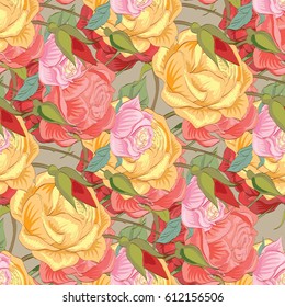 Yellow and red roses. Seamless background pattern.