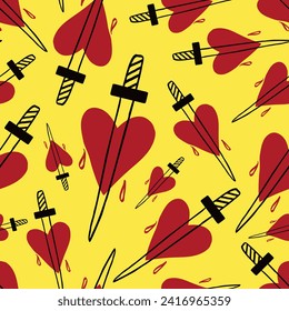 Yellow and red seamless pattern with heart with daggers for Valentine's Day