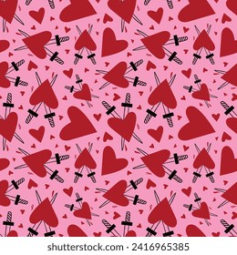 Yellow and red seamless pattern with heart with daggers for Valentine's Day