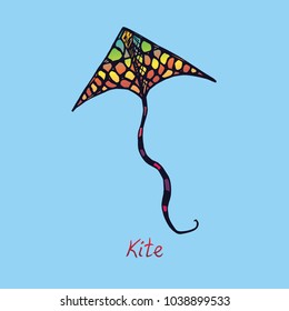 Yellow and red snake skin texture kite outline with inscription, hand drawn doodle sketch, isolated vector illustration? on blue background
