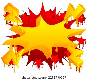 Yellow and red Speech Bubble Graffiti Background. Urban painting style backdrop with stars and other elmements. Abstract discussion symbol in modern dirty street art decoration.