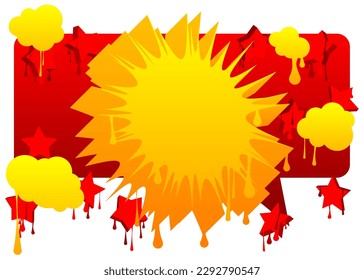 Yellow and red Speech Bubble Graffiti Background. Urban painting style backdrop with stars and other elmements. Abstract discussion symbol in modern dirty street art decoration.