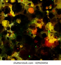 Yellow and red spots flickering in the dark. Abstract seamless spotted pattern of polygons. Vector. Mix random. Transparency. Overlay. Overlapping. 