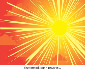 Yellow and red sunburst background with clouds and birds