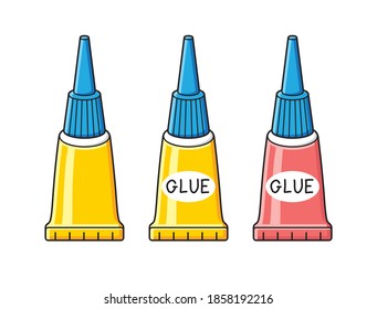 Yellow and red super glue tube isolated cartoon vector icons set