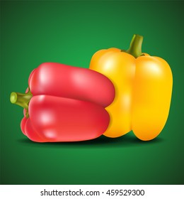 Yellow and red sweet pepper on green background. Vector illustration.