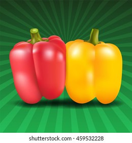 Yellow and red sweet pepper on green background. Vector illustration.