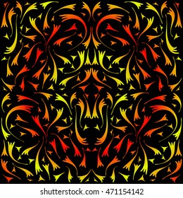 Yellow and red symmetrical pattern. The pattern of double lines on a black background.