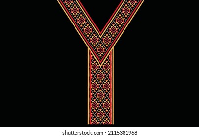 Diseño de cuello de tela amarilla y roja, patrón oriental tradicional, diseño geométrico oriental de patrón para la ropa de las mujeres de moda Diseño de la línea de cuello para la impresión textil.
