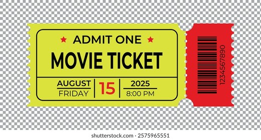 Yellow and red ticket with customizable text. Retro ticket template in vintage style for cinema, theater, circus and casino. High quality EPS 10 vector illustration.