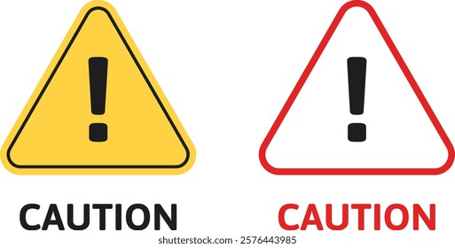 Yellow And Red Triangle Warning Signs Vector. Ideal For Hazard, Risk, Safety, Attention, Bankruptcy, Traffic, Industrial Precaution, Construction, Security, Dangerous Symbol, Alert, And Web Interface